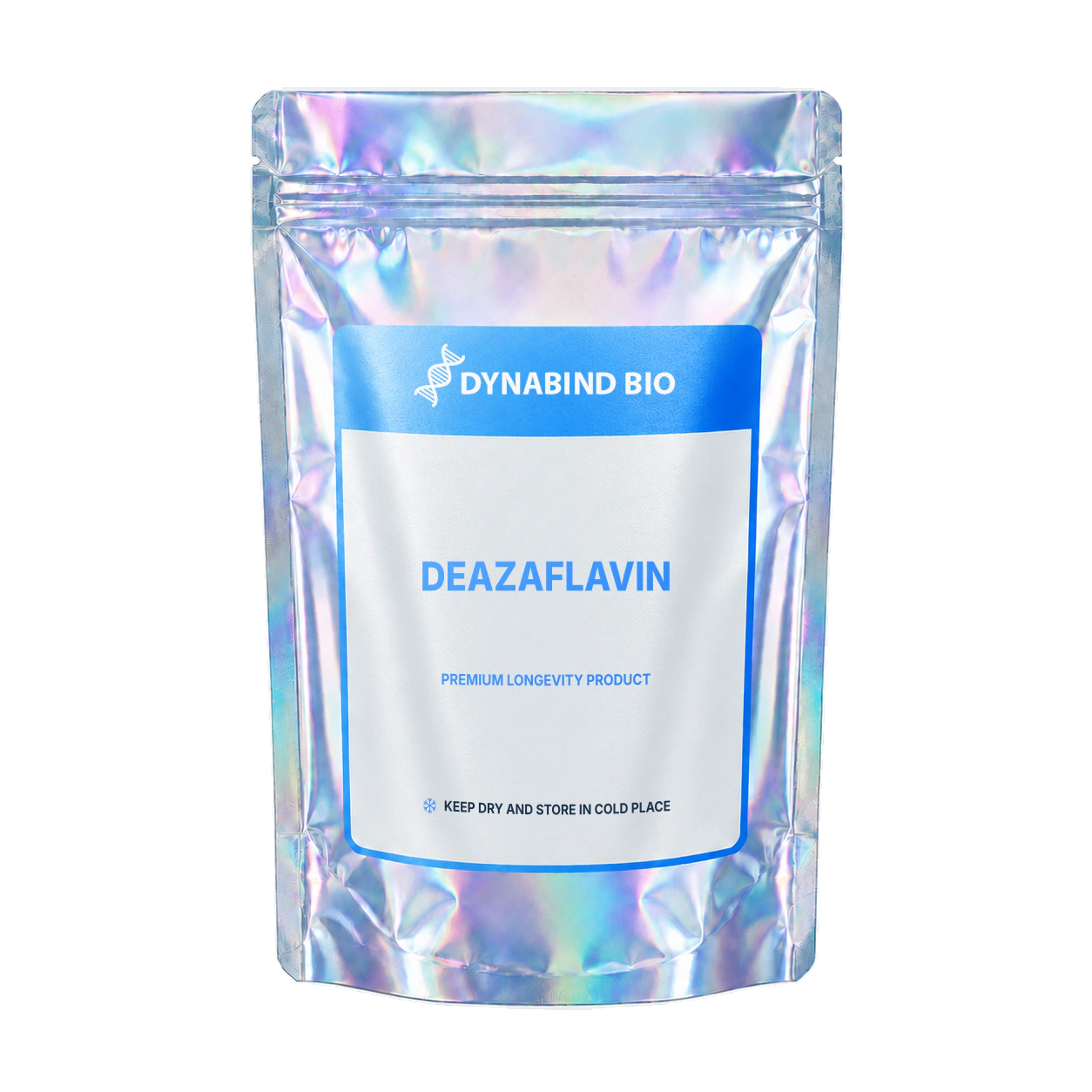 Deazaflavin supplement pouch for neural energy, nootropic and longevity research connected with the TND1128 5-deazaflavin derivative by DynaBind Bio